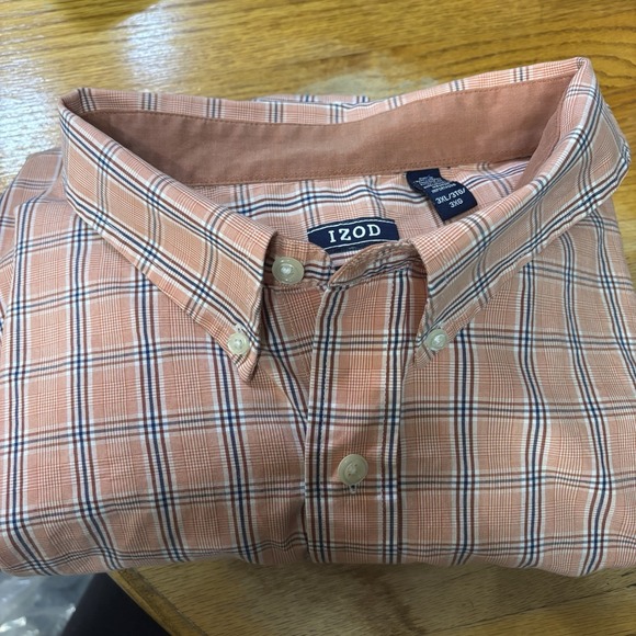 Izod Big & Tall Men's Button Down Collared 3XL Shirt Peachy Pink Plaid Color EUC - Picture 1 of 8